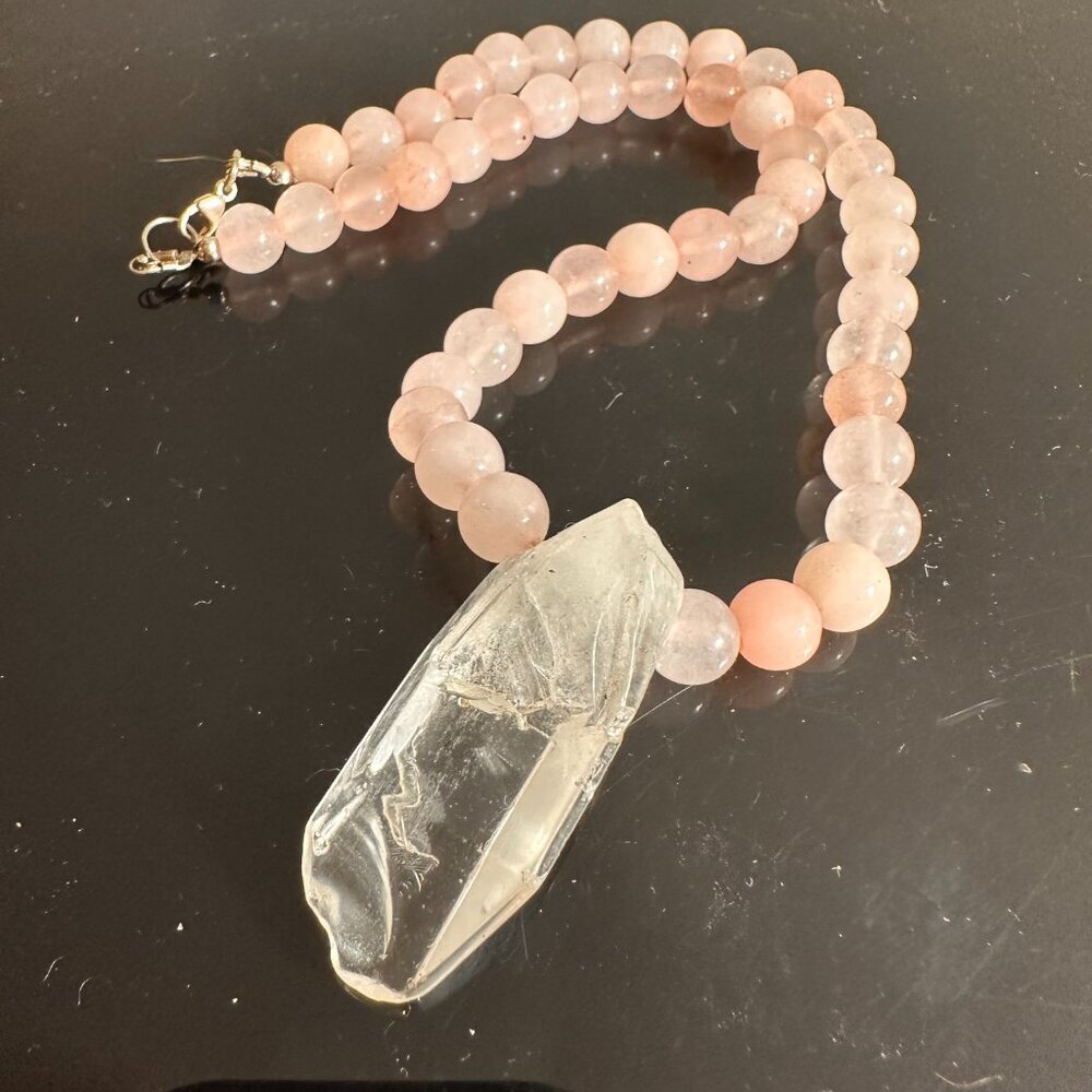 Clear Crystal Quartz Rose Quartz Pendant Necklace Handmade Silver Choker Gift - Picture 5 of 10